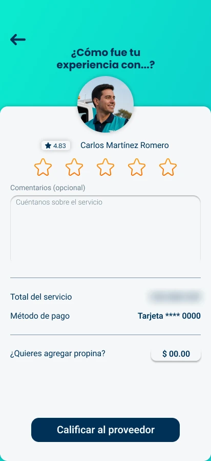 Pantalla para calificar al conductor con estrellas, comentarios opcionales y propina