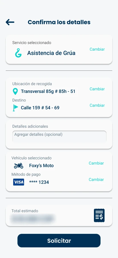 Pantalla Confirma los detalles: servicio seleccionado, ubicación de recogida, destino, vehículo y método de pago