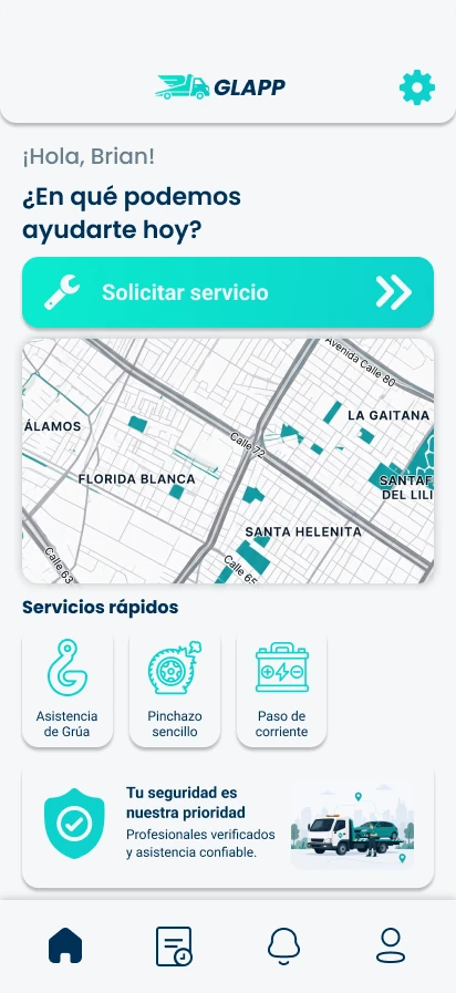 Pantalla de inicio de la app GLAPP con el botón Solicitar servicio, el mapa y los servicios rápidos